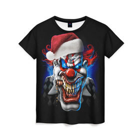 Женская футболка 3D с принтом Новогодний клоун в Курске, 100% полиэфир ( синтетическое хлопкоподобное полотно) | прямой крой, круглый вырез горловины, длина до линии бедер | 2016 | год | злодей | злой | клоун | монстр | новогодний | новый | с новым годом