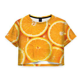 Женская футболка 3D укороченная с принтом Апельсинчик в Курске, 100% полиэстер | круглая горловина, длина футболки до линии талии, рукава с отворотами | orange | апельсин | фрукты