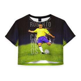 Женская футболка 3D укороченная с принтом Roberto Carlos в Курске, 100% полиэстер | круглая горловина, длина футболки до линии талии, рукава с отворотами | carlos | football | roberto carlos | дели дайнамос | роберто | роберто карлос | футбол | футболист