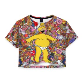 Женская футболка 3D укороченная с принтом Обжора Гомер в Курске, 100% полиэстер | круглая горловина, длина футболки до линии талии, рукава с отворотами | гомер