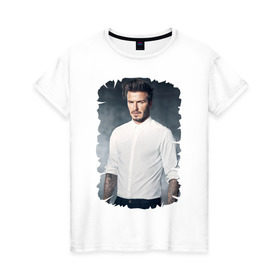 Женская футболка хлопок с принтом David Beckham в Курске, 100% хлопок | прямой крой, круглый вырез горловины, длина до линии бедер, слегка спущенное плечо | david beckham | англия | дэвид бекхэм | лига чемпионов | мадрид | мю | реал | футбол