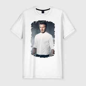 Мужская футболка премиум с принтом David Beckham в Курске, 92% хлопок, 8% лайкра | приталенный силуэт, круглый вырез ворота, длина до линии бедра, короткий рукав | david beckham | англия | дэвид бекхэм | лига чемпионов | мадрид | мю | реал | футбол