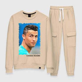 Женский костюм хлопок с принтом Cristiano Ronaldo в Курске, 100% хлопок | на свитшоте круглая горловина, мягкая резинка по низу. Брюки заужены к низу, на них два вида карманов: два 