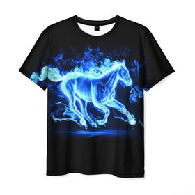 Мужская футболка 3D с принтом Ледяной конь в Курске, 100% полиэфир | прямой крой, круглый вырез горловины, длина до линии бедер | Тематика изображения на принте: арт | лёд | лошадь | огонь | пламя