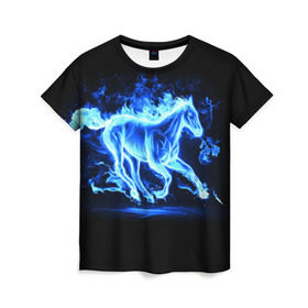 Женская футболка 3D с принтом Ледяной конь в Курске, 100% полиэфир ( синтетическое хлопкоподобное полотно) | прямой крой, круглый вырез горловины, длина до линии бедер | Тематика изображения на принте: арт | лёд | лошадь | огонь | пламя