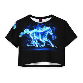 Женская футболка 3D укороченная с принтом Ледяной конь в Курске, 100% полиэстер | круглая горловина, длина футболки до линии талии, рукава с отворотами | арт | лёд | лошадь | огонь | пламя