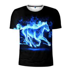 Мужская футболка 3D спортивная с принтом Ледяной конь в Курске, 100% полиэстер с улучшенными характеристиками | приталенный силуэт, круглая горловина, широкие плечи, сужается к линии бедра | Тематика изображения на принте: арт | лёд | лошадь | огонь | пламя