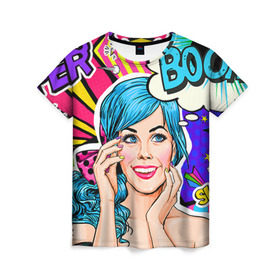 Женская футболка 3D с принтом Pop art в Курске, 100% полиэфир ( синтетическое хлопкоподобное полотно) | прямой крой, круглый вырез горловины, длина до линии бедер | bang | boom | omg | pop art | super | wow | wtf | арт | поп | ретро | уорхол | энди
