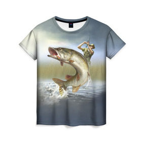 Женская футболка 3D с принтом Щука в Курске, 100% полиэфир ( синтетическое хлопкоподобное полотно) | прямой крой, круглый вырез горловины, длина до линии бедер | Тематика изображения на принте: fishing | рыба | рыбак | рыбалка | туризм | щука