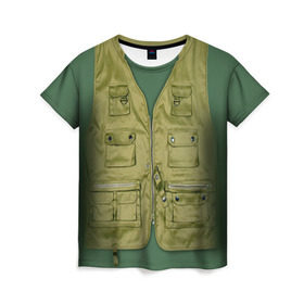 Женская футболка 3D с принтом Жилетка рыбака в Курске, 100% полиэфир ( синтетическое хлопкоподобное полотно) | прямой крой, круглый вырез горловины, длина до линии бедер | fishing | жилет | камуфляж | рыба | рыбак | рыбалка | туризм
