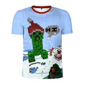 Мужская футболка 3D спортивная с принтом Minecraft в Курске, 100% полиэстер с улучшенными характеристиками | приталенный силуэт, круглая горловина, широкие плечи, сужается к линии бедра | Тематика изображения на принте: creeper | крипер | майнкрафт | новогодний