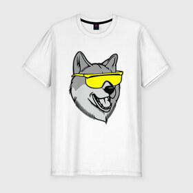 Мужская футболка премиум с принтом Хаски в очках в Курске, 92% хлопок, 8% лайкра | приталенный силуэт, круглый вырез ворота, длина до линии бедра, короткий рукав | голова | животные | очки | пес | собака | хаски