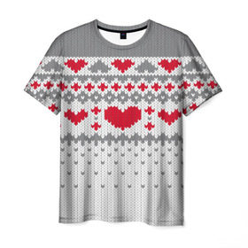 Мужская футболка 3D с принтом Сердечки в Курске, 100% полиэфир | прямой крой, круглый вырез горловины, длина до линии бедер | вязанье | любовь | свитр | сердечки