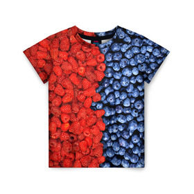 Детская футболка 3D с принтом Ягодка в Курске, 100% гипоаллергенный полиэфир | прямой крой, круглый вырез горловины, длина до линии бедер, чуть спущенное плечо, ткань немного тянется | клубника | малина | черника | ягода | ягодка | ягодный