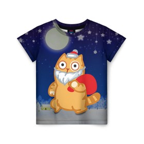 Детская футболка 3D с принтом Новогодний кот в Курске, 100% гипоаллергенный полиэфир | прямой крой, круглый вырез горловины, длина до линии бедер, чуть спущенное плечо, ткань немного тянется | Тематика изображения на принте: дед мороз | кот | новый год | персик | с новым годом | смайл