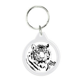 Брелок круглый с принтом Тигр в Курске, пластик и полированная сталь | круглая форма, металлическое крепление в виде кольца | взгляд | тигр | трафарет | хищник