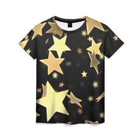 Женская футболка 3D с принтом Золотые звезды в Курске, 100% полиэфир ( синтетическое хлопкоподобное полотно) | прямой крой, круглый вырез горловины, длина до линии бедер | золотые звезды | орнамент | праздник