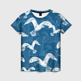 Женская футболка 3D с принтом Чайки в Курске, 100% полиэфир ( синтетическое хлопкоподобное полотно) | прямой крой, круглый вырез горловины, длина до линии бедер | небо | полет | птицы | чайки