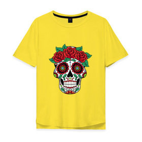 Мужская футболка хлопок Oversize с принтом Мексиканский череп для нее в Курске, 100% хлопок | свободный крой, круглый ворот, “спинка” длиннее передней части | мексика | мексиканский череп calavera для неемексиканский череп calavera | череп