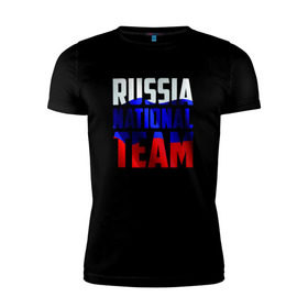 Мужская футболка премиум с принтом Russia national team в Курске, 92% хлопок, 8% лайкра | приталенный силуэт, круглый вырез ворота, длина до линии бедра, короткий рукав | россии | россия | сборная | футбол | хоккей