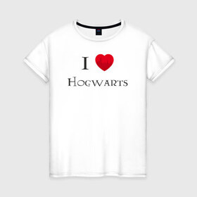 Женская футболка хлопок с принтом I love Hogwarts в Курске, 100% хлопок | прямой крой, круглый вырез горловины, длина до линии бедер, слегка спущенное плечо | 