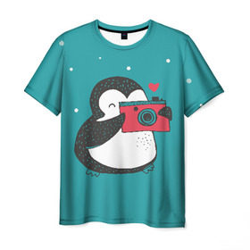 Мужская футболка 3D с принтом Пингвин с фотоаппаратом в Курске, 100% полиэфир | прямой крой, круглый вырез горловины, длина до линии бедер | Тематика изображения на принте: 14 февраля | влюбленные | девушка | день святого валентина | любовь | пара | парень