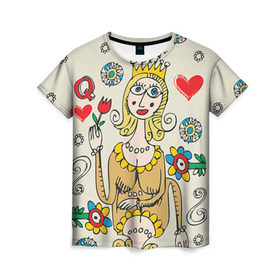 Женская футболка 3D с принтом Червовая дама в Курске, 100% полиэфир ( синтетическое хлопкоподобное полотно) | прямой крой, круглый вырез горловины, длина до линии бедер | 14 февраля | love | влюбленные | карты | королева | король | лав | любовь | пара | парные | подарок