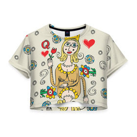 Женская футболка 3D укороченная с принтом Червовая дама в Курске, 100% полиэстер | круглая горловина, длина футболки до линии талии, рукава с отворотами | 14 февраля | love | влюбленные | карты | королева | король | лав | любовь | пара | парные | подарок