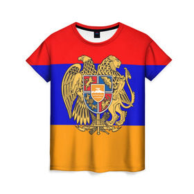 Женская футболка 3D с принтом Герб и флаг Армении в Курске, 100% полиэфир ( синтетическое хлопкоподобное полотно) | прямой крой, круглый вырез горловины, длина до линии бедер | armenia | армения | герб | флаг