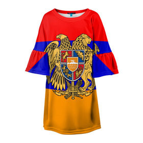 Детское платье 3D с принтом Герб и флаг Армении в Курске, 100% полиэстер | прямой силуэт, чуть расширенный к низу. Круглая горловина, на рукавах — воланы | Тематика изображения на принте: armenia | армения | герб | флаг