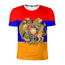 Мужская футболка 3D спортивная с принтом Герб и флаг Армении в Курске, 100% полиэстер с улучшенными характеристиками | приталенный силуэт, круглая горловина, широкие плечи, сужается к линии бедра | armenia | армения | герб | флаг