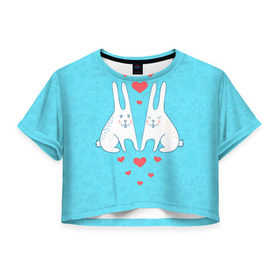 Женская футболка 3D укороченная с принтом Зай и зая в Курске, 100% полиэстер | круглая горловина, длина футболки до линии талии, рукава с отворотами | 14 февраля | bear | love | teddy | валентин | влюбленный | зайчик | зая | заяц | любовь | милый | рисунок | сердечко | сердце