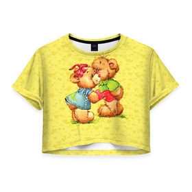 Женская футболка 3D укороченная с принтом Влюбленные мишки в Курске, 100% полиэстер | круглая горловина, длина футболки до линии талии, рукава с отворотами | 14 февраля | bear | love | teddy | валентин | влюбленный | любовь | милый | мишка | рисунок | сердечко | сердце