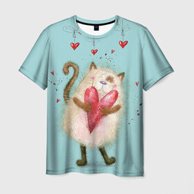 Мужская футболка 3D с принтом Котик в Курске, 100% полиэфир | прямой крой, круглый вырез горловины, длина до линии бедер | 14 февраля | bear | love | teddy | валентин | влюбленный | киска | кот | котик | любовь | милый | рисунок | сердечко | сердце