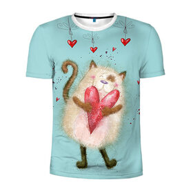 Мужская футболка 3D спортивная с принтом Котик в Курске, 100% полиэстер с улучшенными характеристиками | приталенный силуэт, круглая горловина, широкие плечи, сужается к линии бедра | 14 февраля | bear | love | teddy | валентин | влюбленный | киска | кот | котик | любовь | милый | рисунок | сердечко | сердце