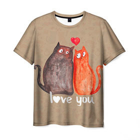 Мужская футболка 3D с принтом Влюбленные котики в Курске, 100% полиэфир | прямой крой, круглый вырез горловины, длина до линии бедер | 14 февраля | bear | love | teddy | валентин | влюбленный | киска | кот | котик | любовь | милый | рисунок | сердечко | сердце
