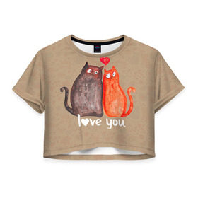 Женская футболка 3D укороченная с принтом Влюбленные котики в Курске, 100% полиэстер | круглая горловина, длина футболки до линии талии, рукава с отворотами | 14 февраля | bear | love | teddy | валентин | влюбленный | киска | кот | котик | любовь | милый | рисунок | сердечко | сердце