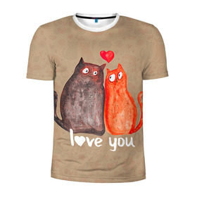 Мужская футболка 3D спортивная с принтом Влюбленные котики в Курске, 100% полиэстер с улучшенными характеристиками | приталенный силуэт, круглая горловина, широкие плечи, сужается к линии бедра | Тематика изображения на принте: 14 февраля | bear | love | teddy | валентин | влюбленный | киска | кот | котик | любовь | милый | рисунок | сердечко | сердце