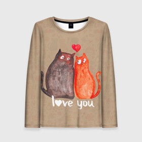 Женский лонгслив 3D с принтом Влюбленные котики в Курске, 100% полиэстер | длинные рукава, круглый вырез горловины, полуприлегающий силуэт | 14 февраля | bear | love | teddy | валентин | влюбленный | киска | кот | котик | любовь | милый | рисунок | сердечко | сердце