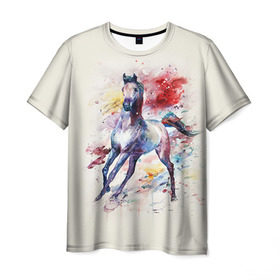 Мужская футболка 3D с принтом Лошадь. Арт 1 в Курске, 100% полиэфир | прямой крой, круглый вырез горловины, длина до линии бедер | horse | horseshoe | акварель | головалошади | грива | жеребец | животные | конь | лошадь | лошадьскрыльями | подкова | природа | рисуноккрасками