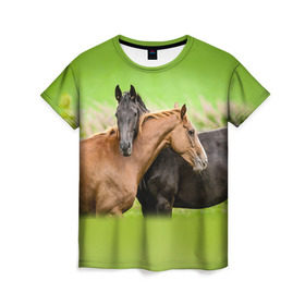 Женская футболка 3D с принтом Лошади 2 в Курске, 100% полиэфир ( синтетическое хлопкоподобное полотно) | прямой крой, круглый вырез горловины, длина до линии бедер | horse | horseshoe | акварель | головалошади | грива | единорог | жеребец | животные | конь | лошадь | лошадьскрыльями | подкова | природа | рисуноккрасками