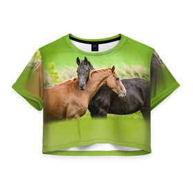 Женская футболка 3D укороченная с принтом Лошади 2 в Курске, 100% полиэстер | круглая горловина, длина футболки до линии талии, рукава с отворотами | horse | horseshoe | акварель | головалошади | грива | единорог | жеребец | животные | конь | лошадь | лошадьскрыльями | подкова | природа | рисуноккрасками
