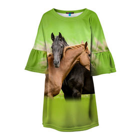 Детское платье 3D с принтом Лошади 2 в Курске, 100% полиэстер | прямой силуэт, чуть расширенный к низу. Круглая горловина, на рукавах — воланы | horse | horseshoe | акварель | головалошади | грива | единорог | жеребец | животные | конь | лошадь | лошадьскрыльями | подкова | природа | рисуноккрасками