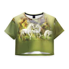 Женская футболка 3D укороченная с принтом Единороги в Курске, 100% полиэстер | круглая горловина, длина футболки до линии талии, рукава с отворотами | horse | horseshoe | акварель | головалошади | грива | единорог | жеребец | животные | конь | лошадь | лошадьскрыльями | подкова | природа | рисуноккрасками