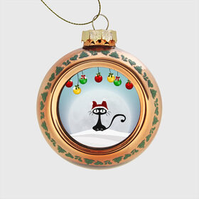 Стеклянный ёлочный шар с принтом Кошка с шапкой в Курске, Стекло | Диаметр: 80 мм | black | cat | toy | елочный шар | кот | кошка | черный | шар