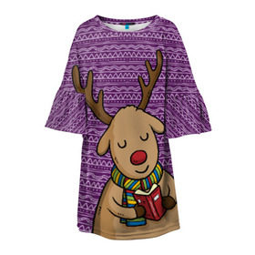 Детское платье 3D с принтом Счастливый олень в Курске, 100% полиэстер | прямой силуэт, чуть расширенный к низу. Круглая горловина, на рукавах — воланы | зима | новый год | олень | подарки