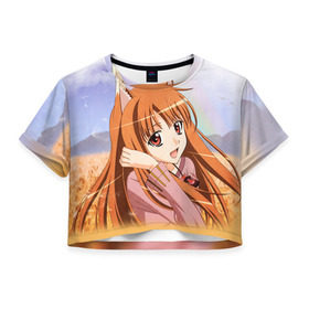 Женская футболка 3D укороченная с принтом Волчица и Пряности 2 в Курске, 100% полиэстер | круглая горловина, длина футболки до линии талии, рукава с отворотами | anime | okami to koshinryo | оками
