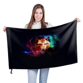 Флаг 3D с принтом Космический волк в Курске, 100% полиэстер | плотность ткани — 95 г/м2, размер — 67 х 109 см. Принт наносится с одной стороны | звезды | космический волк | креатив | хищник