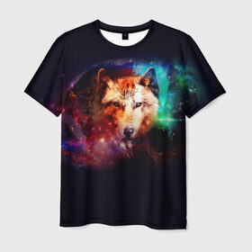 Мужская футболка 3D с принтом Космический волк в Курске, 100% полиэфир | прямой крой, круглый вырез горловины, длина до линии бедер | звезды | космический волк | креатив | хищник