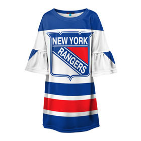 Детское платье 3D с принтом New York Rangers в Курске, 100% полиэстер | прямой силуэт, чуть расширенный к низу. Круглая горловина, на рукавах — воланы | Тематика изображения на принте: hockey | new york rangers | nhl | нхл | спорт | хоккей